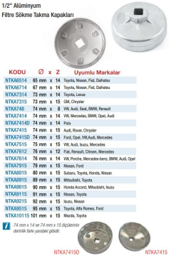 NT Tools 1/3'' Alüminyum Filtre Sökme Takma Kapakları (Ölçü Seçeneklerine Bakınız) 101mm x 15