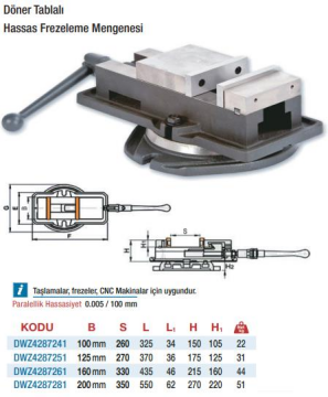 DWMachinery Döner Tablalı - Hassas Frezeleme Mengeneleri(Ölçü Seçeneklerine Bakınız)