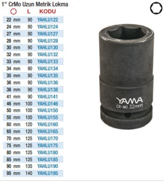 Yama 1'' Havalı Altı Köşe Uzun Lokmalar (Ölçü Seçeneklerine Bakınız) 46mm