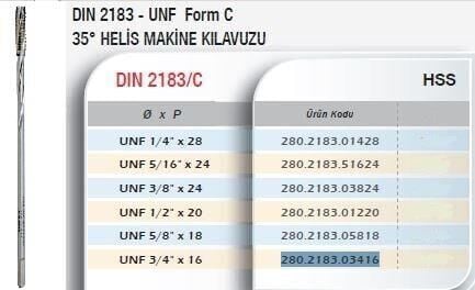 Werka DIN2183/C UNF 35° Helis Makine Kılavuzu(Ölçü Seçeneklerine Bakınız)