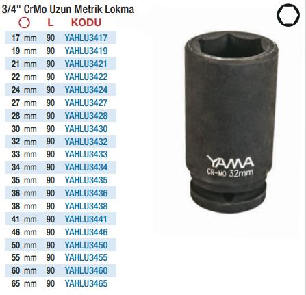 Yama 3/4'' Havalı Altı Köşe Uzun Lokmalar (Ölçü Seçeneklerine Bakınız)