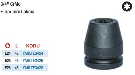 Yama 3/4'' E Tipi Torx Havalı Lokmalar (Ölçü Seçeneklerine Bakınız) E24
