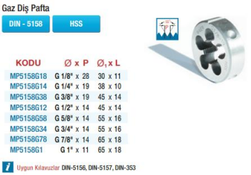 Maier HSS Gaz Diş Paftalar  (Ölçü Seçeneklerine Bakınız) G 3/4'' x 14