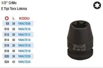 Yama 1/2'' E Tipi Torx Havalı Lokmalar (Ölçü Seçeneklerine Bakınız)