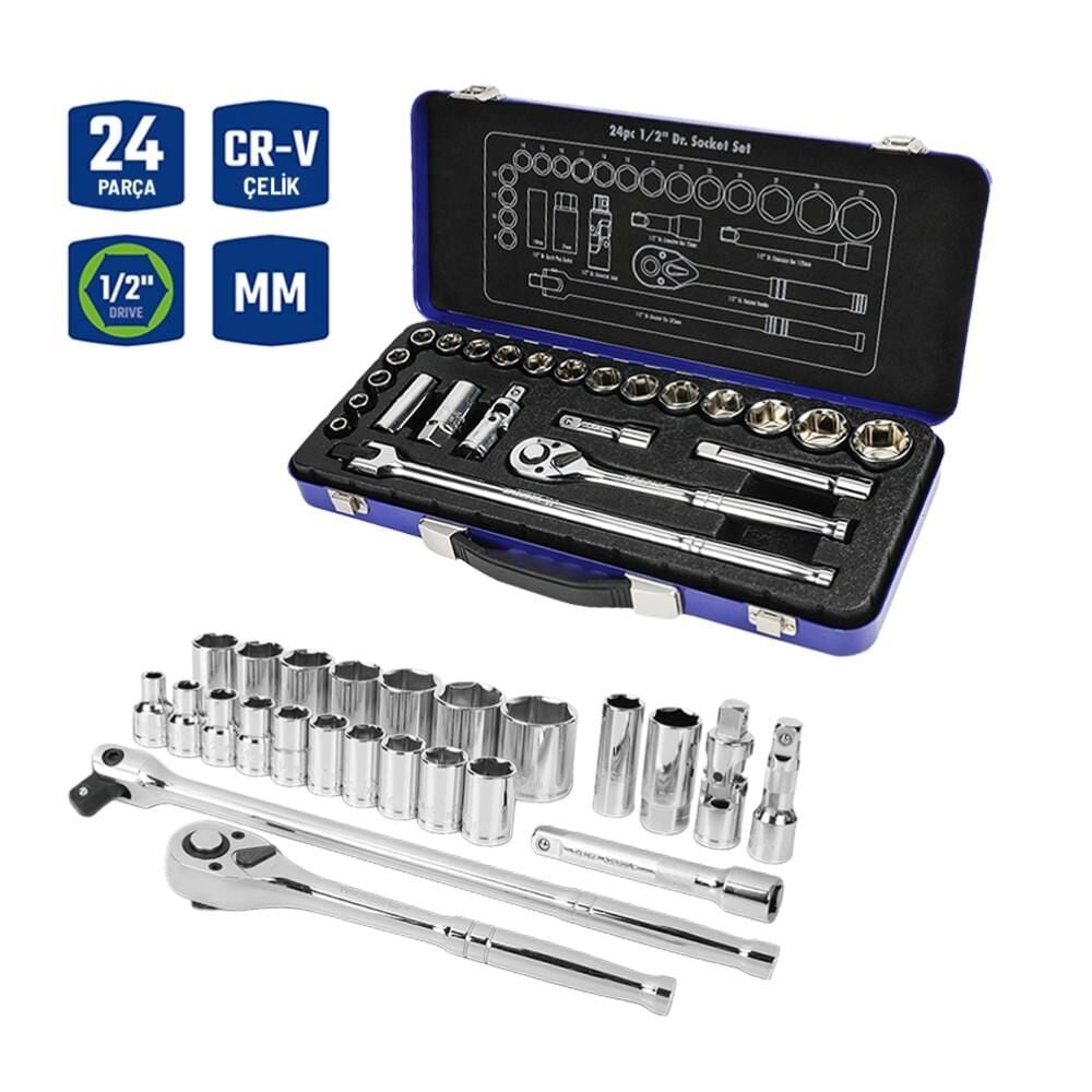 WORKPRO WP202564 1/2'’ Cr-V 24 Parça Metrik Ağır Hizmet Lokma Takımı