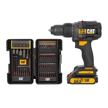 CAT DX1120 18Volt/2.0Ah Li-ion Çift Akülü Kömürsüz Profesyonel Şarjlı Darbeli Matkap + DA01902 45 Parça Vidalama Uç Seti