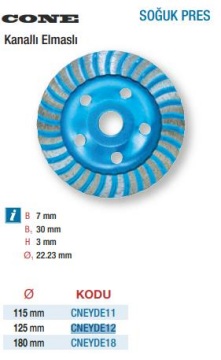 Cone Soğuk Pres Kanallı Elmaslı Çanak Yüzey Temizlemeler(Ölçü Seçeneklerine Bakınız) 125mm