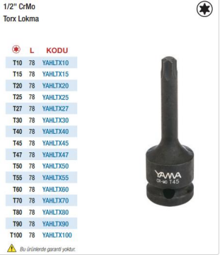 Yama 1/2'' Havalı Torx Lokmalar (Ölçü Seçeneklerine Bakınız) T70