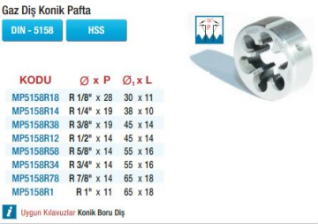 Maier HSS Gaz Diş Konik Paftalar  (Ölçü Seçeneklerine Bakınız)