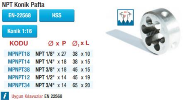 Maier HSS NPT Konik Paftalar  (Ölçü Seçeneklerine Bakınız)