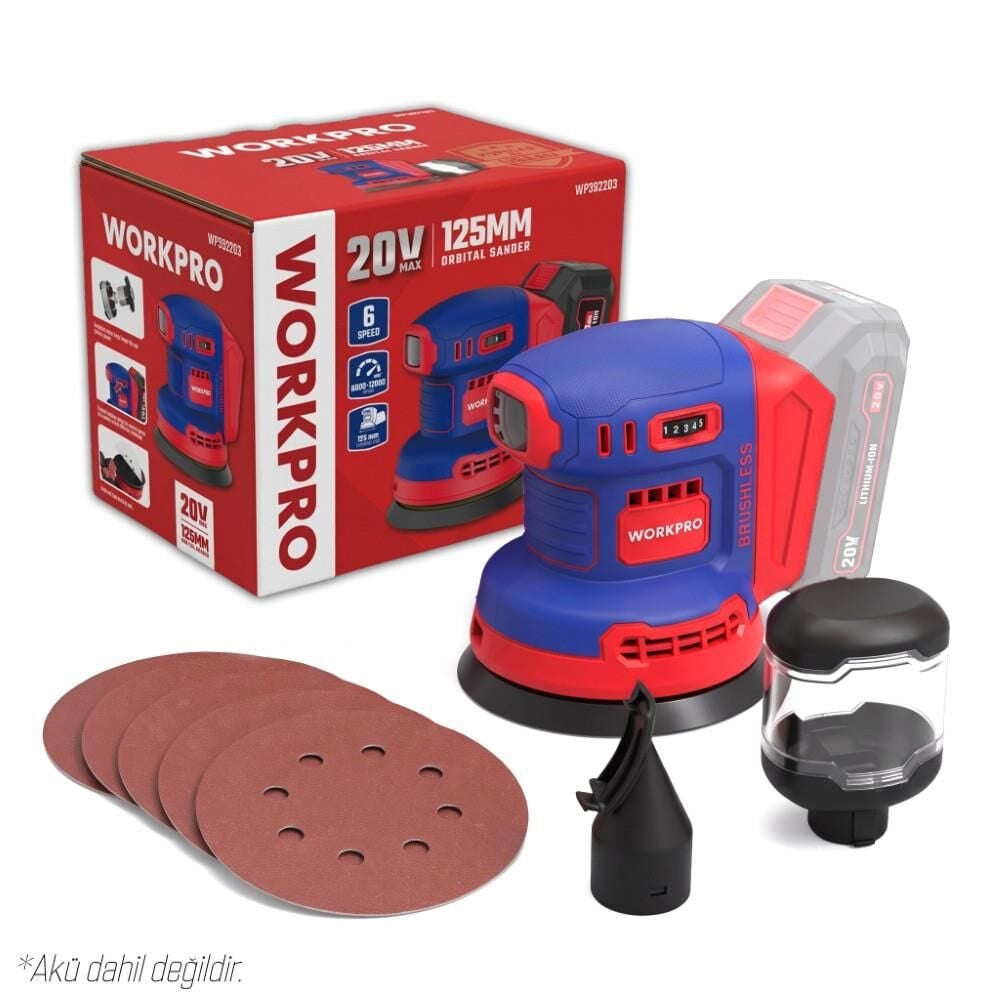 Workpro WORKPRO WP392203 20Volt 125mm Şarjlı Kömürsüz Devir Ayarlı Profesyonel Eksantrik Zımpara (Aküsüz) En Ucuz Fiyatları ve Özellikleri