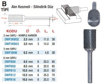 DW Carbide B Tipi Alın Kesmeli - Silindirik Düz - Karbür Kalıpçı Frezeleri (Ölçü Seçeneklerine Bakınız) 10.0 x 6mm
