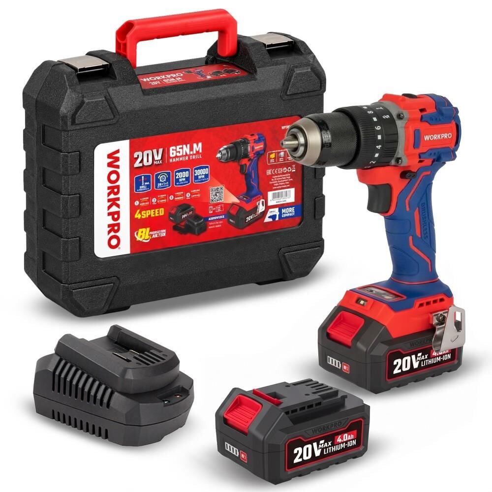 Workpro WORKPRO WP390020 20Volt 4.0Ah Li-ion 65Nm. Çift Akülü Kömürsüz Profesyonel Şarjlı Darbeli Matkap En Ucuz Fiyatları ve Özellikleri