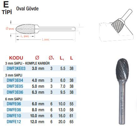 DW Carbide E Tipi Oval Gövde - Karbür Kalıpçı Frezeleri (Ölçü Seçeneklerine Bakınız) 10.0 x 6mm