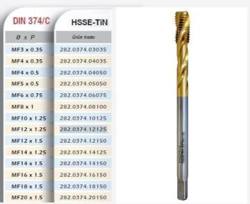 Werka DIN374/C HSS-E- TiN 35° Helis Makine Kılavuzu - Metrik İnce Diş(Ölçü Seçeneklerine Bakınız)
