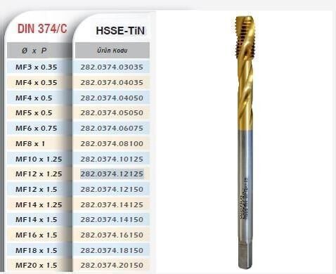 Werka DIN374/C HSS-E- TiN 35° Helis Makine Kılavuzu - Metrik İnce Diş(Ölçü Seçeneklerine Bakınız)
