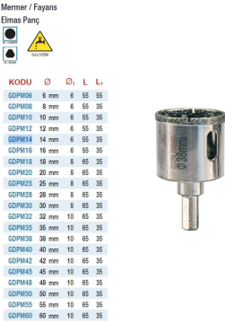 Gerlinger Mermer ve Fayans İçin Elmas Panç Testereler(Ölçü Seçeneklerine Bakınız) 20mm