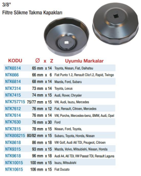 NT Tools 3/8'' Filtre Sökme Takma Kapakları(Ölçü Seçeneklerine Bakınız) 106mm x 15