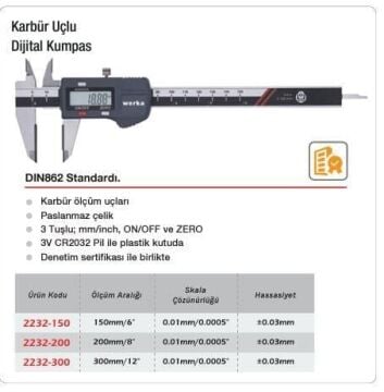 Werka Karbür Çeneli Dijital Kumpas (Ölçü Seçeneklerine Bakınız)