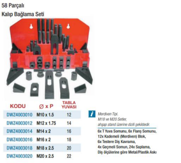 DW Machinery 58 Parçalı Kalıp Bağlama Setleri (Ölçü Seçeneklerine Bakınız)