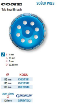 Gerlinger Tek Sıra Elmaslı Çanak Yüzey Temizlemeler (Ölçü Seçeneklerine Bakınız) 125mm