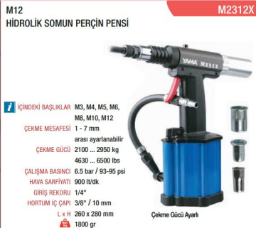 Yama M2312X M3-M12 HidrolikSomun Perçin Pensi