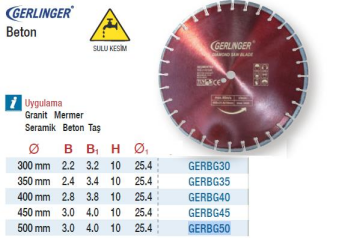 Gerlinger Beton - Granit İçin Elmas Daire Testereler(Ölçü Seçeneklerine Bakınız)