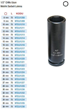 NT Tools 1/2'' Havalı Metrik Darbeli Uzun Lokmalar (Ölçü Seçeneklerine Bakınız) 8mm