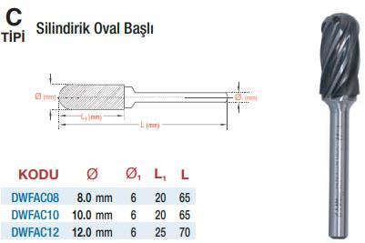 DW Carbide Demir Dışı Malzemeler İçin C Tipi Silindirik Oval Başlı - Karbür Kalıpçı Frezeleri(Ölçü Seçeneklerine Bakınız) 10.0 x 6mm