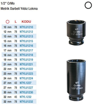 NT Tools 1/2'' Havalı Metrik Darbeli Uzun Yıldız Lokmalar(Ölçü Seçeneklerine Bakınız) 16mm