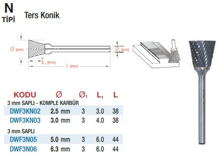 DW Carbide N Tipi Ters Konik - Karbür Kalıpçı Frezeleri (Ölçü Seçeneklerine Bakınız) 3.0 x 3mm Komple Karbür