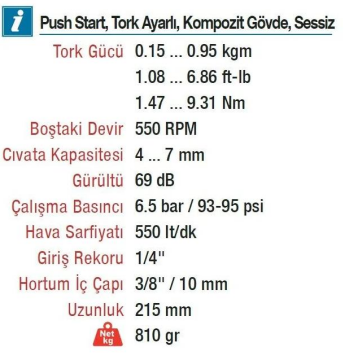 Emax ET-4560 6 mm. 550 RPM Shut-Off Düz Havalı Tornavida
