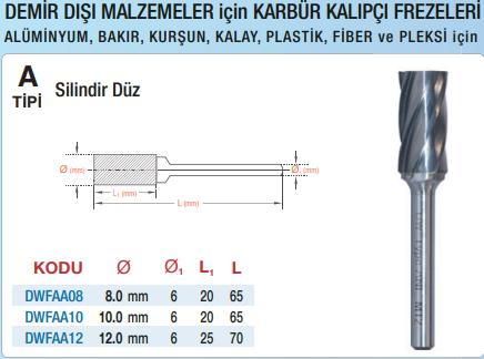 DW Carbide Demir Dışı Malzemeler İçin A Tipi Silindirik Düz - Karbür Kalıpçı Frezeleri(Ölçü Seçeneklerine Bakınız) 10.0 x 6mm