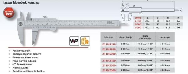 Werka WPro Hassas Mekanik Kumpas 0.05mm (Ölçü Seçeneklerine Bakınız)