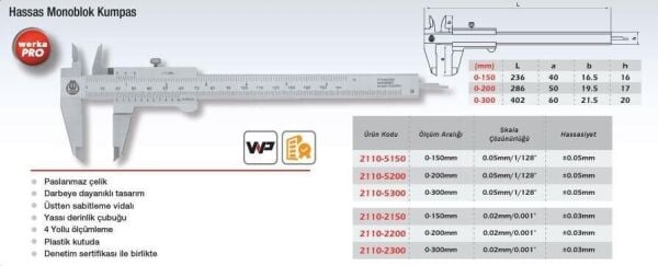 Werka WPro Hassas Mekanik Kumpas 0.02mm (Ölçü Seçeneklerine Bakınız)