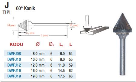 DW Carbide J Tipi 60° Konik - Karbür Kalıpçı Frezeleri(Ölçü Seçeneklerine Bakınız) 19.0 x 6mm