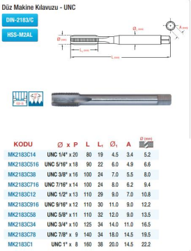 Maier DIN 2183 Düz Kanal - UNC - HSS Makine Kılavuzları (Ölçü Seçeneklerine Bakınız)