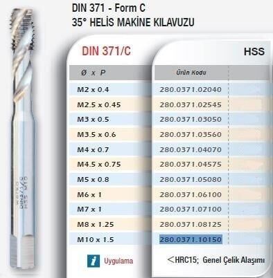 Werka DIN371/C HSS 35° Helis Makine Kılavuzu (Ölçü Seçeneklerine Bakınız)