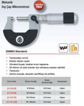 Werka WPro Dış Çap Mikrometresi (Ölçü Seçeneklerine Bakınız)