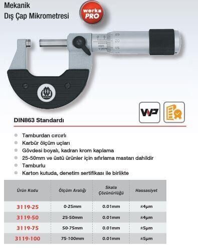 Werka WPro Dış Çap Mikrometresi (Ölçü Seçeneklerine Bakınız)
