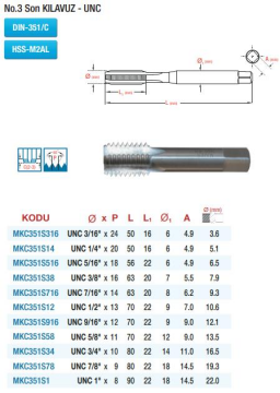 Maier DIN 351 No.3 Son Kılavuz - UNC - HSS El Kılavuzları (Ölçü Seçeneklerine Bakınız)
