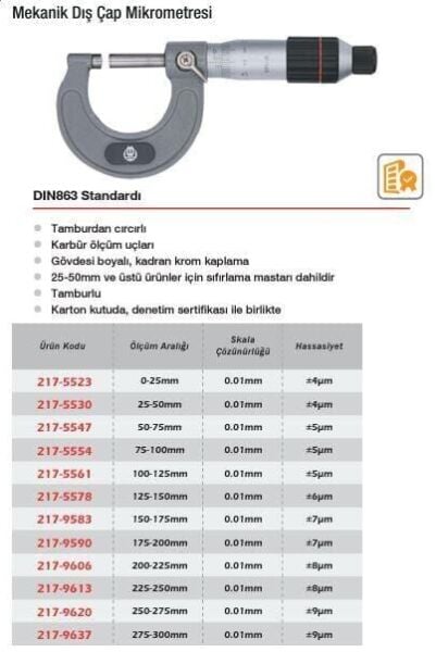 Werka Mekanik Dış Çap Mikrometresi (Ölçü Seçeneklerine Bakınız)