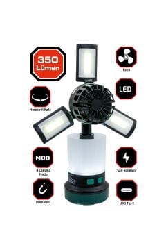 Rox Şarjlı Çok Fonksiyonlu Fanlı Outdoor Kamp Feneri 350 Lümen