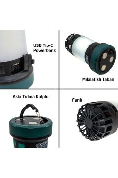 Rox Şarjlı Çok Fonksiyonlu Fanlı Outdoor Kamp Feneri 350 Lümen