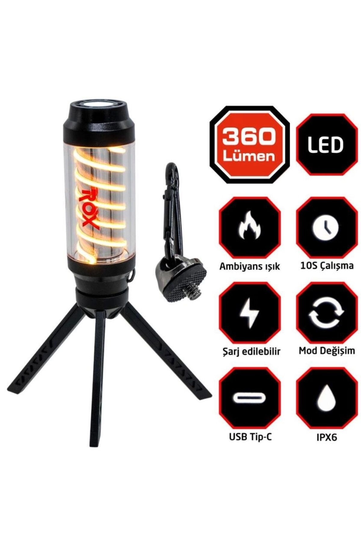 Rox Ambians Işıklı Şarjlı Kamp Feneri 360 Lümen