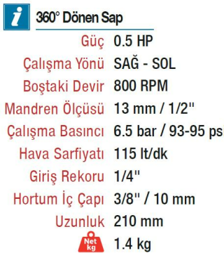 Emax ET-1240 13 mm. 900 RPM Kabzalı Havalı Matkap