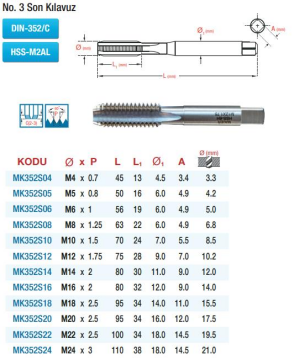 Maier DIN 352 No.3 Son Kılavuz - Metrik - HSS El Kılavuzları  (Ölçü Seçeneklerine Bakınız) M10 x 1.50