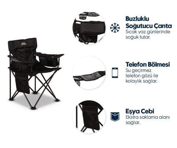 Aygaz Siyah, Çelik Katlanır Kamp Sandalyesi - Elyaf Dolgulu Sırt Desteği,100 kg Kapasiteli