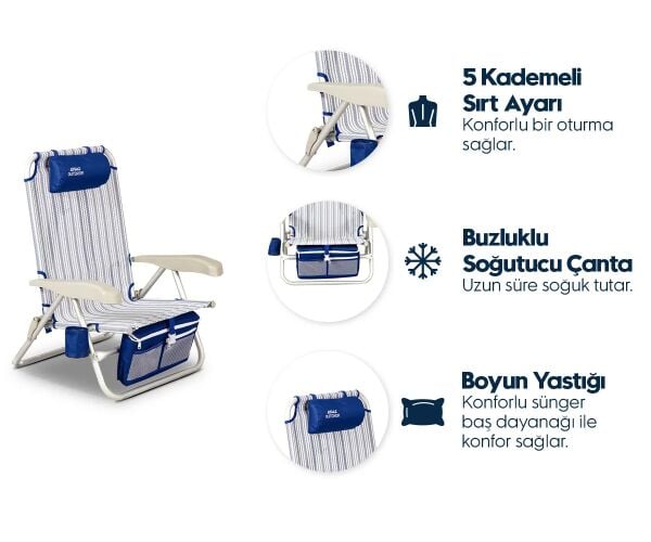 Aygaz 5 Kademeli Ayarlanabilir, Katlanır Plaj Sandalyesi - Boyun Yastığı, Soğutucu Çantalı, 100 kg Kapasiteli