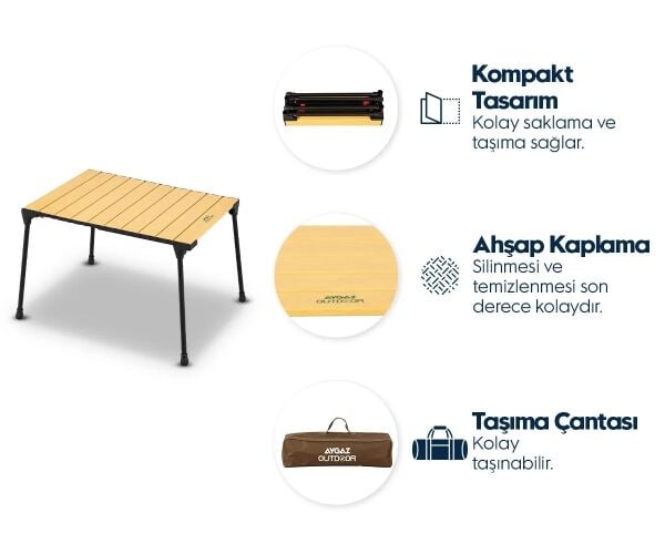 Ahşap Kaplama, Katlanabilir Kamp Masası - Taşıma Çantalı